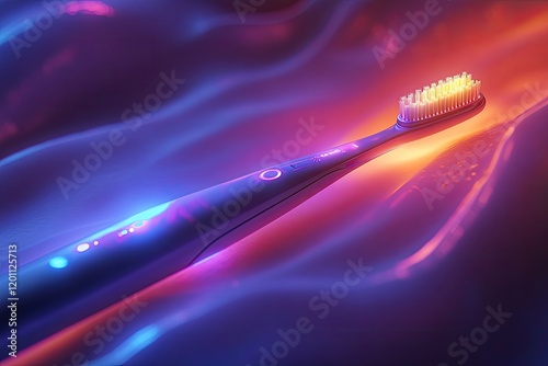 Sleek electric toothbrush glows amidst vibrant flowing colors, s photo