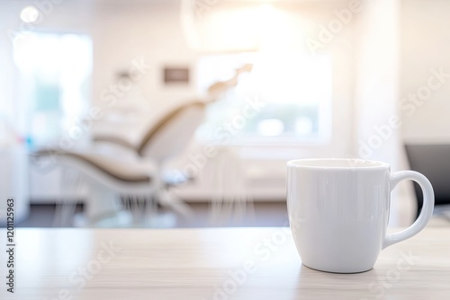 Bright, modern dental office scene featuring coffee cup in foreg photo