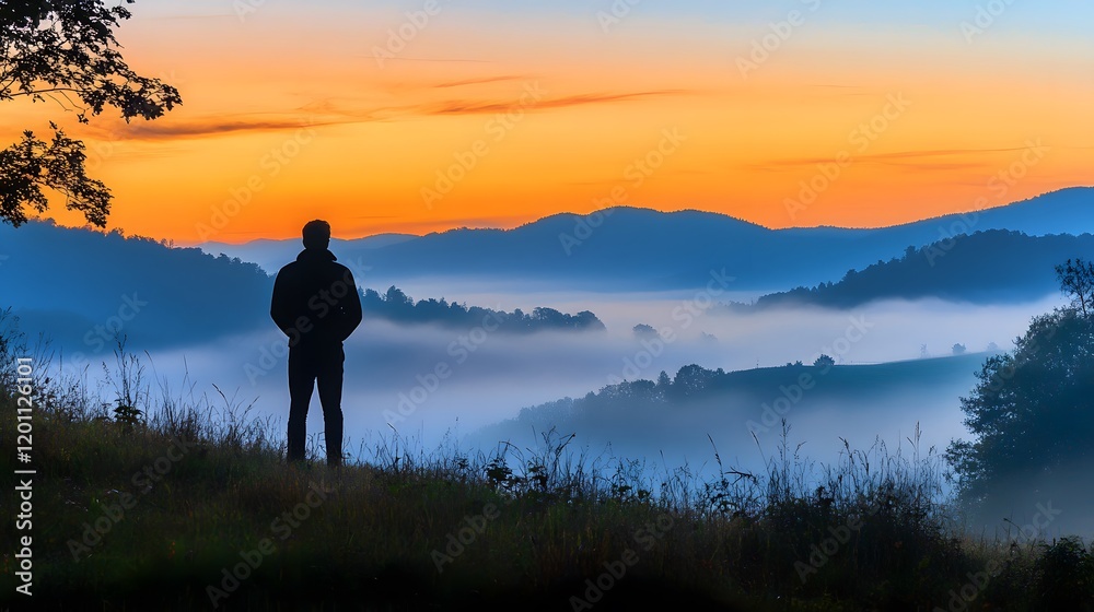 Man Silhouetted Against Misty Mountain Sunrise Man Silhouetted Against Misty Mountain Sunrise