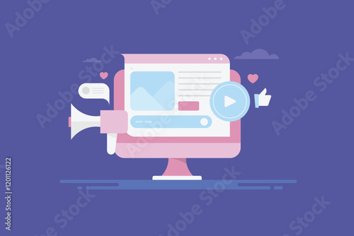 Content marketing on internet. Blog post, social media and vlogging concept. Vector illustration.