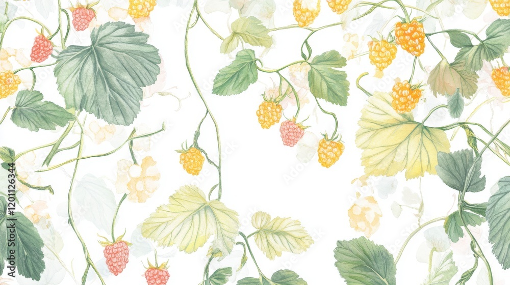 Watercolor Berries and Leaves Botanical Illustration Pattern Design Watercolor Berries and Leaves Botanical Illustration Pattern Design
