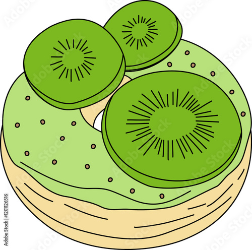 Hand-drawn green donut topped with three kiwi slices, showcasing a fresh and creative design for culinary projects and branding.