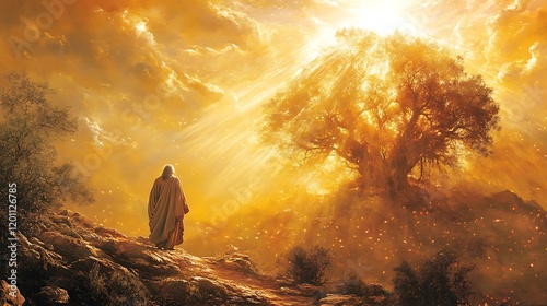 A depiction of Moses standing in awe before the burning bush as divine light cascades down from the heavens