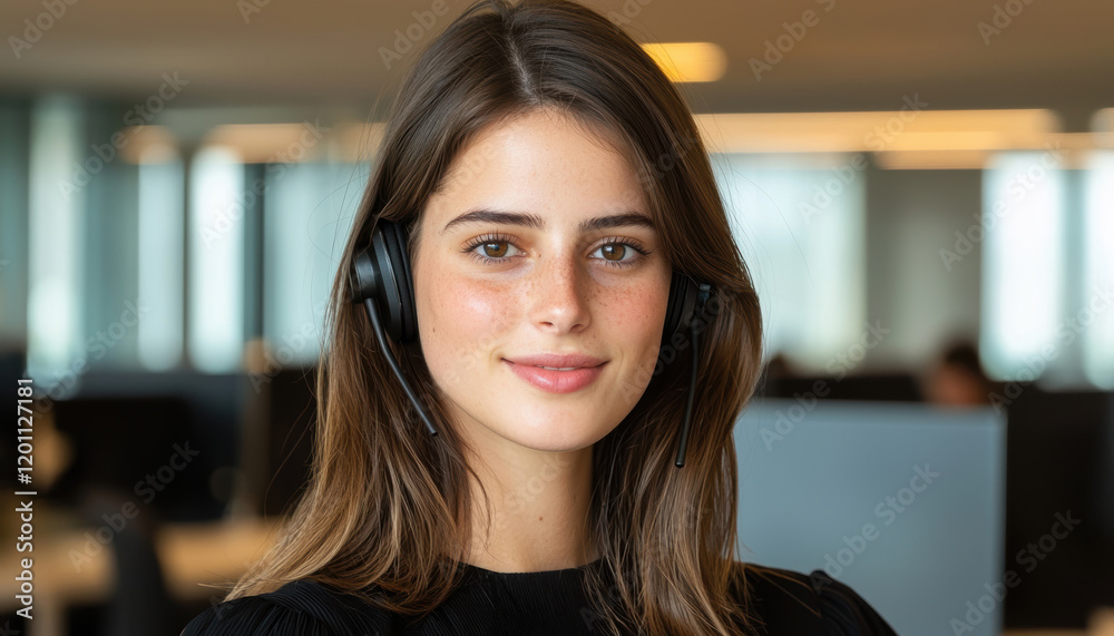 Confident female call center agent, engaging with a client, headset visible, modern open-plan workspace in the background Confident female call center agent, engaging with a client, headset visible, modern open-plan workspace in the background