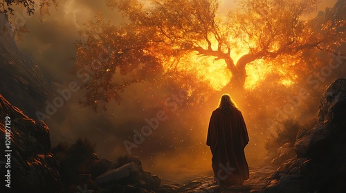 A dramatic setting of Moses depicted standing firm as the burning bush glows with divine light in the background