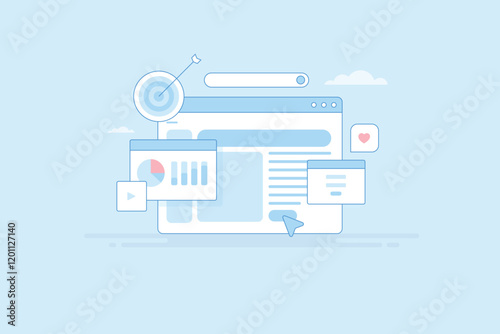 Digital campaign, website advertising with search marketing, target customer with pay per click ad strategy, e-business promotion filled outline vector illustration.