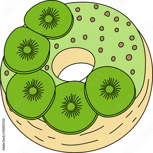 Green-glazed donut with multiple kiwi slices, a vibrant and detailed dessert illustration for food branding and gourmet visuals.