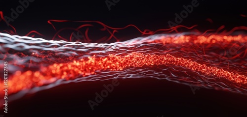 Cross-sectional view of a blood vessel with a glowing plaque buildup, heart in the background, illustrating cardiovascular health risks