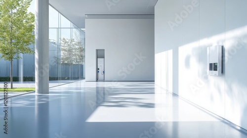 Contemporary hydrogen power station  professional wall installation setup  clean white interior space  advanced charging infrastructure  afternoon sunlight streaming through entrance  modern suburban