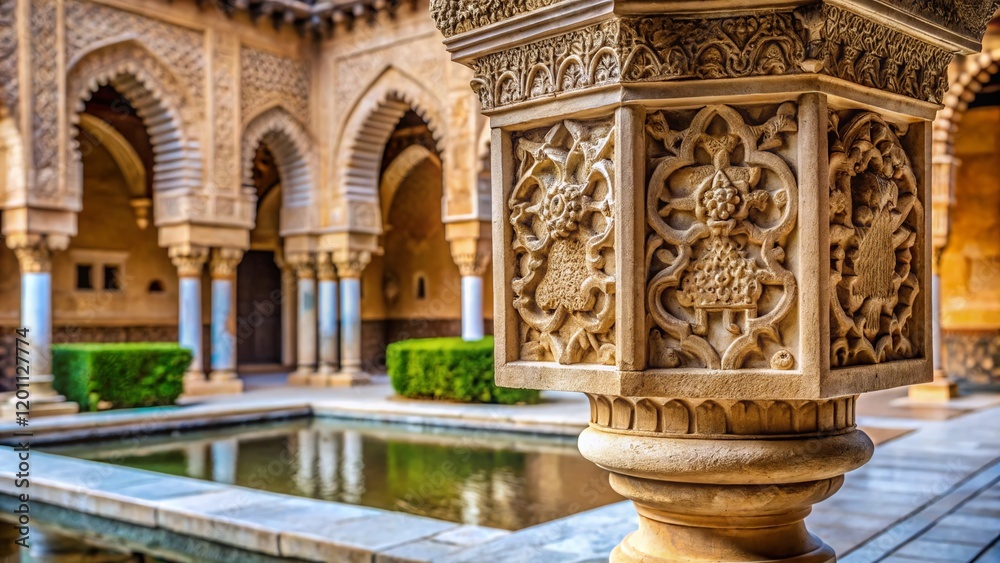 Fototapeta premium Granada Renaissance Fountain Detail: Charles V Pillar, Architectural Ornament, Spain