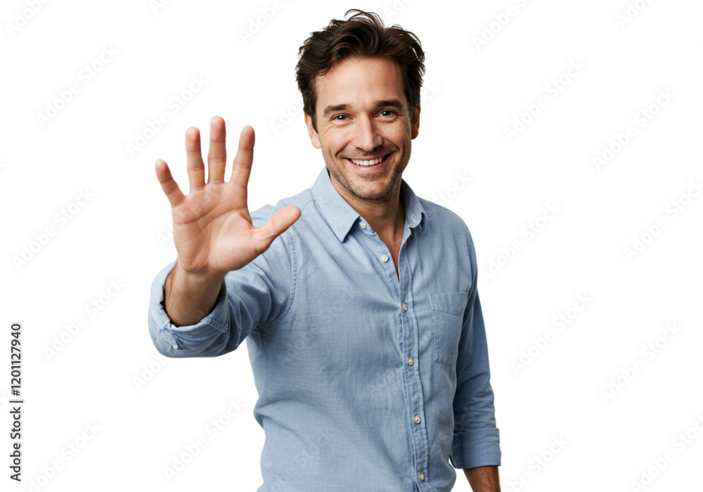 Smiling Man Showing Five Fingers Hand Gesture Blue Shirt Studio Male Face Happy Adult Model Image Smiling Man Showing Five Fingers Hand Gesture Blue Shirt Studio Male Face Happy Adult Model Image