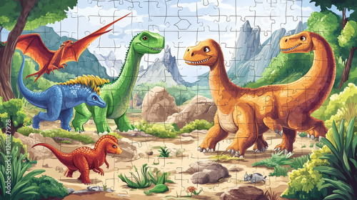 Cartoon dinosaur reptiles, crossword vector worksheet or find word quiz game. Kids cross word puzzle game grid with Jurassic dino brontosaurus, pterodactyl or stegosaurus and tyrannosaurus T-rex photo