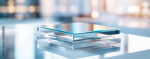 A sleek, transparent glass panel resting on a reflective surface, showcasing modern design and innovation in technology.