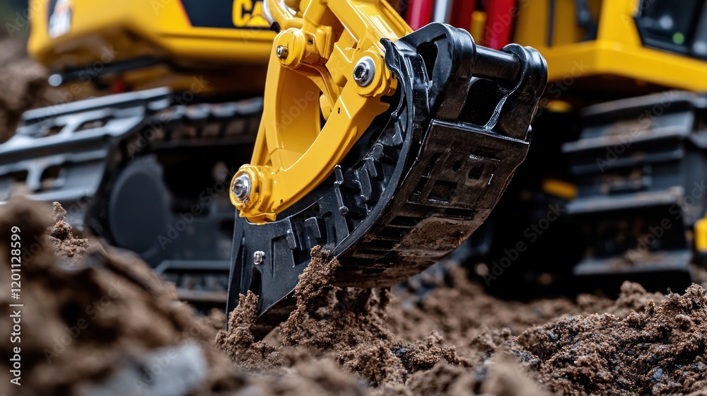 Close-up of excavator bucket digging in dirt. Close-up of excavator bucket digging in dirt.
