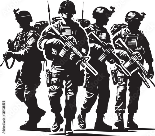 Black Color American soldiers with guns and backpacks Silhouette Vector