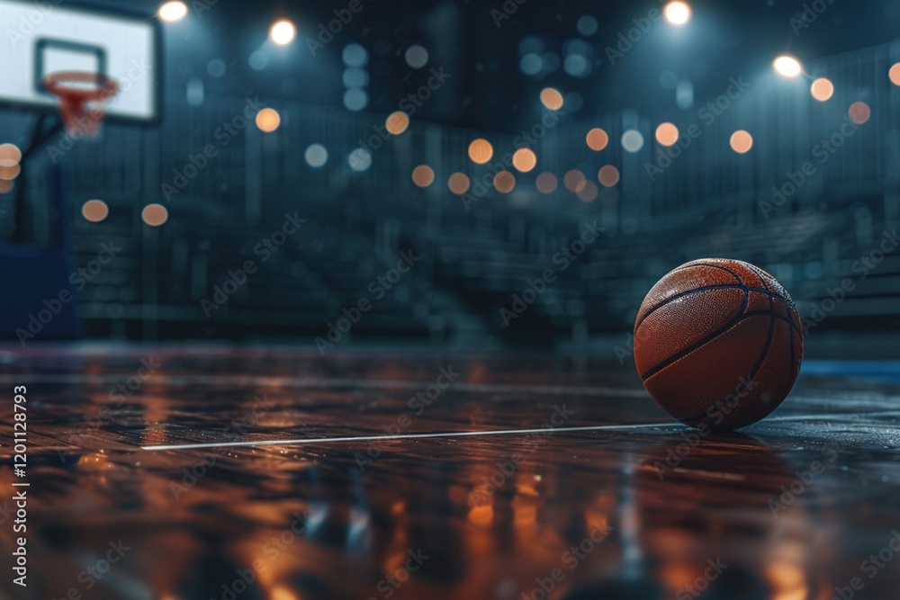 Dimly lit basketball court with a single glowing spotlight highlighting the floor.