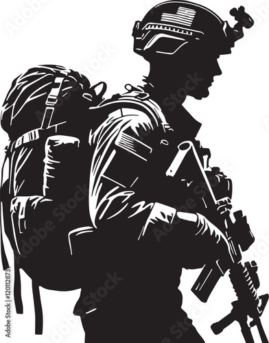 Black Color American soldiers with guns and backpacks Silhouette Vector