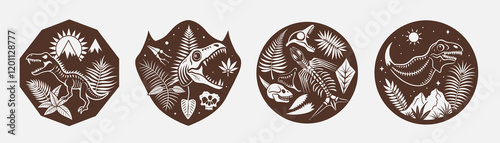 set paleontology template designs silhouettes dinosaurs skulls bones plants on background, jurasic history leaf fossil