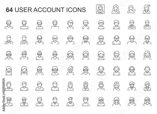 user account outline icons, people portrait face silhouette head