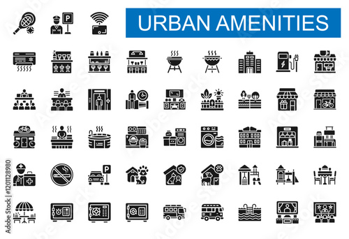 urban amenities set icons, fitness elevator fountain garden