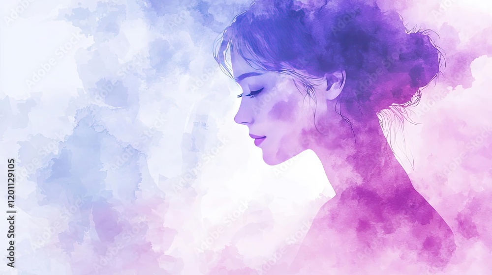 Fototapeta premium Watercolor concept. A serene portrait of a woman surrounded by soft, ethereal colors evoking calmness.