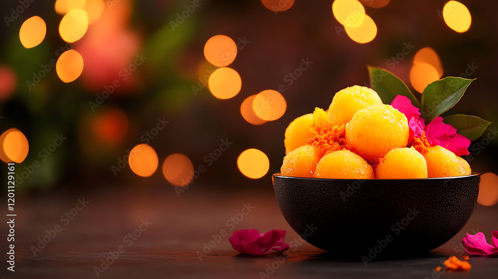 Naklejka premium Indian Rasgulla spongy milk-based dessert, served in syrup and styled in a vibrant celebration backdrop, [South Asian sweets, festive indulgence]