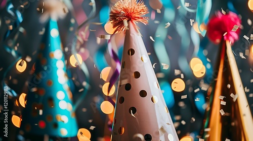 A festive New Yeara??s party backdrop with streamers and party hats. photo