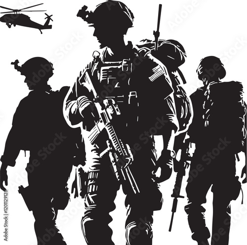 Black Color American soldiers with guns and backpacks Silhouette Vector