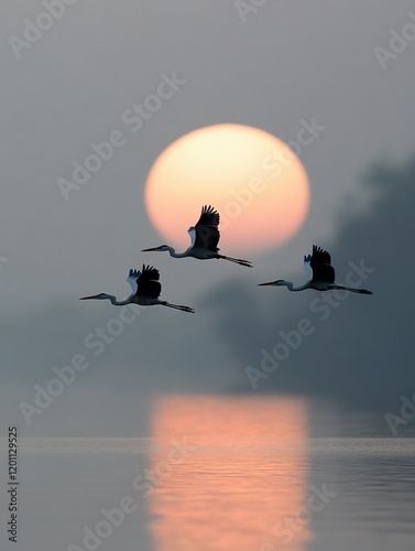 Majestic Cranes in Flight Against a Serene Sunset Over Water