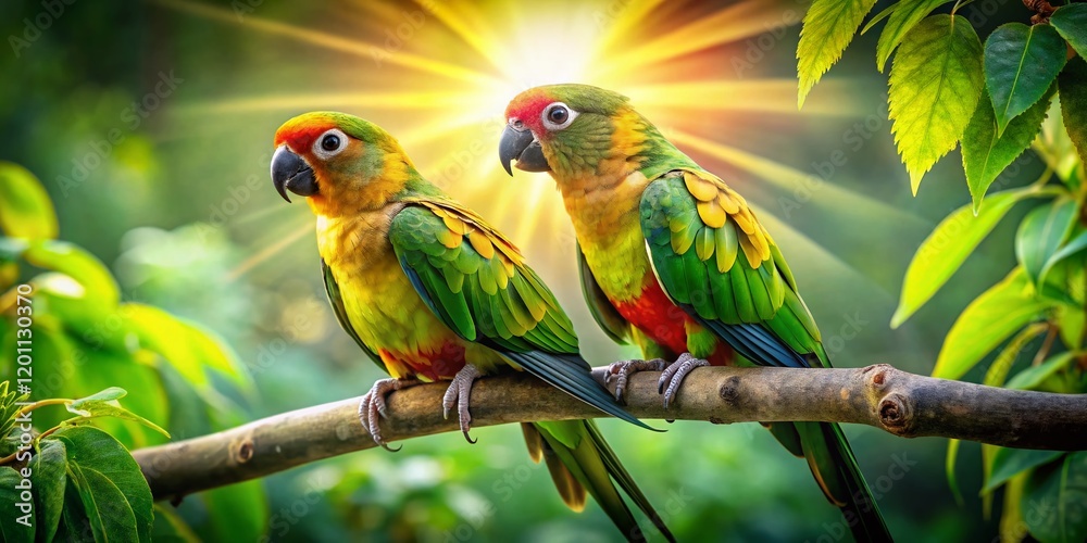 Fototapeta premium Green Cheek & Sun Conure Parrots on Lush Tropical Branch