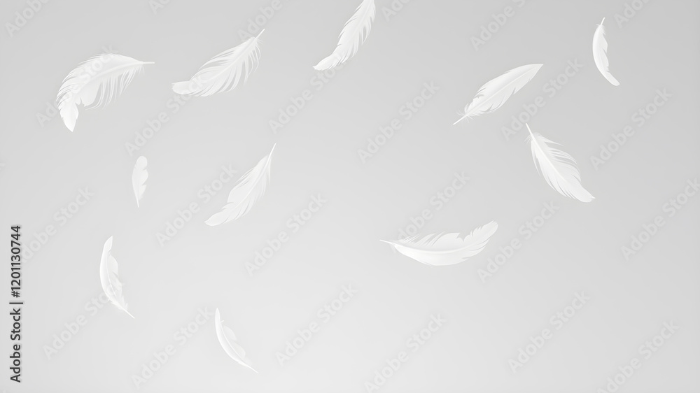 White feathers flying on gray background. Generative AI White feathers flying on gray background. Generative AI