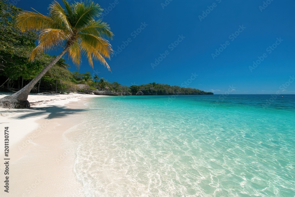 Tropical beach with palm tree leaning over white sand and turquoise water Tropical beach with palm tree leaning over white sand and turquoise water