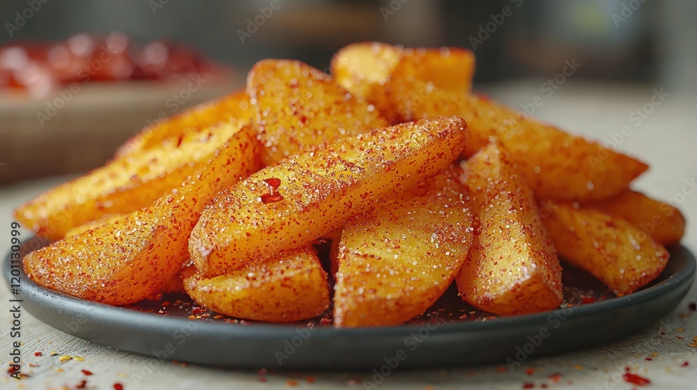 Spicy potato wedges on plate, kitchen background, food photography Spicy potato wedges on plate, kitchen background, food photography
