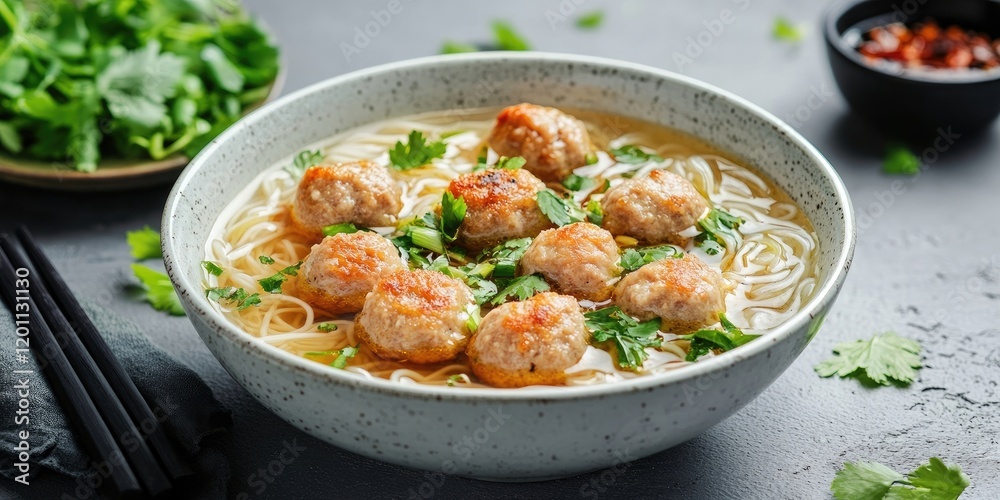 Vermicelli soup with meatballs in a white bowl garnished with cilantro, placed on a textured gray background with herbs and chili in bowls. Vermicelli soup with meatballs in a white bowl garnished with cilantro, placed on a textured gray background with herbs and chili in bowls.