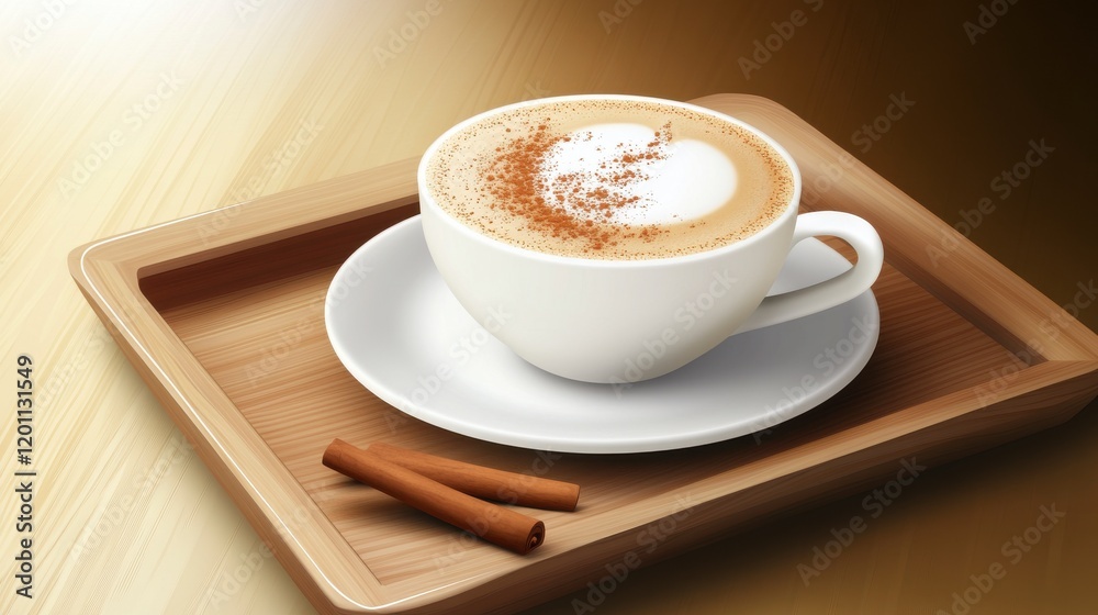 Fototapeta premium Aromatic Cappuccino in a White Cup on a Wooden Tray - A Cozy Coffee Scene
