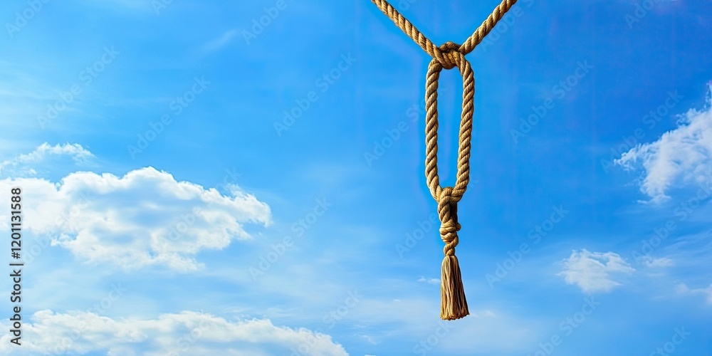 Fototapeta premium Rope noose hanging against a clear blue sky with soft white clouds creating ample negative space for text placement and design elements