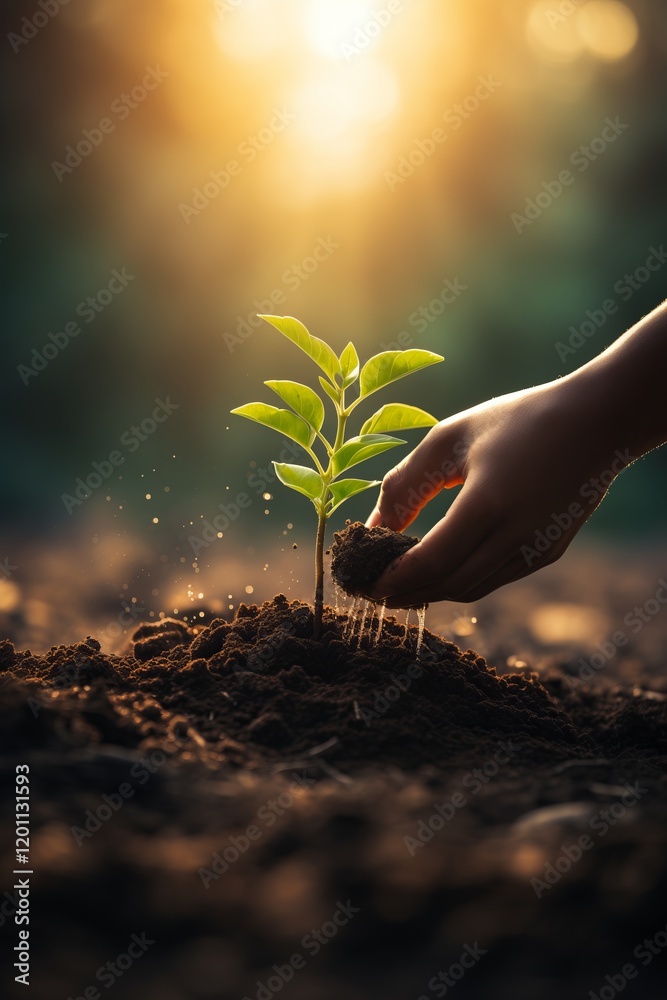 Fototapeta premium A hand planting a small seedling in rich soil under a warm, glowing sunlight.