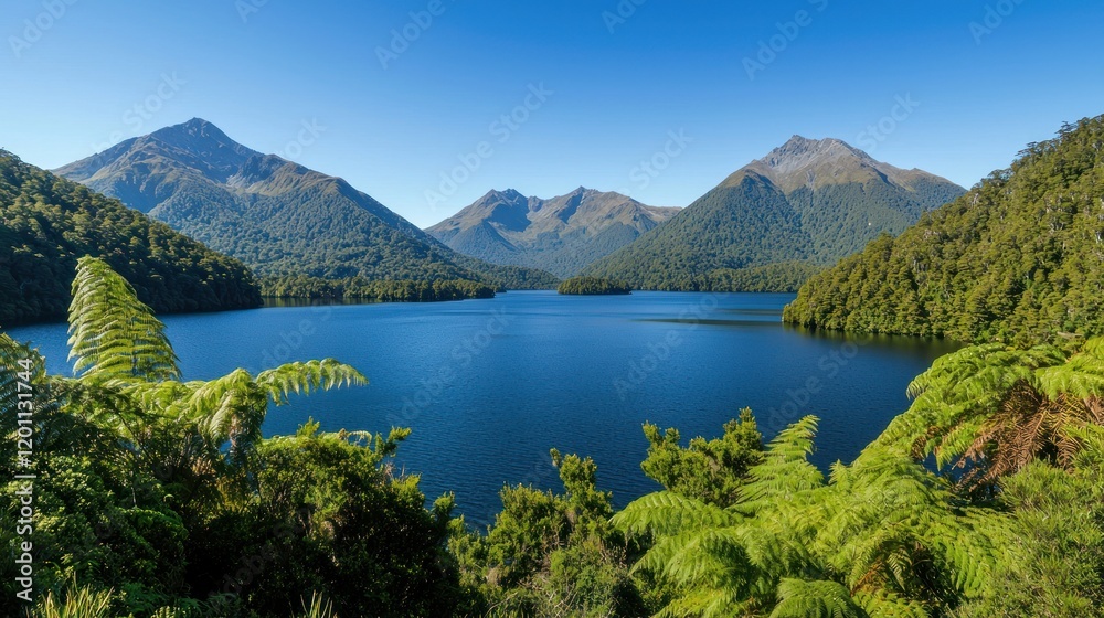 Serene lake surrounded by lush mountains and clear blue skies. Serene lake surrounded by lush mountains and clear blue skies.