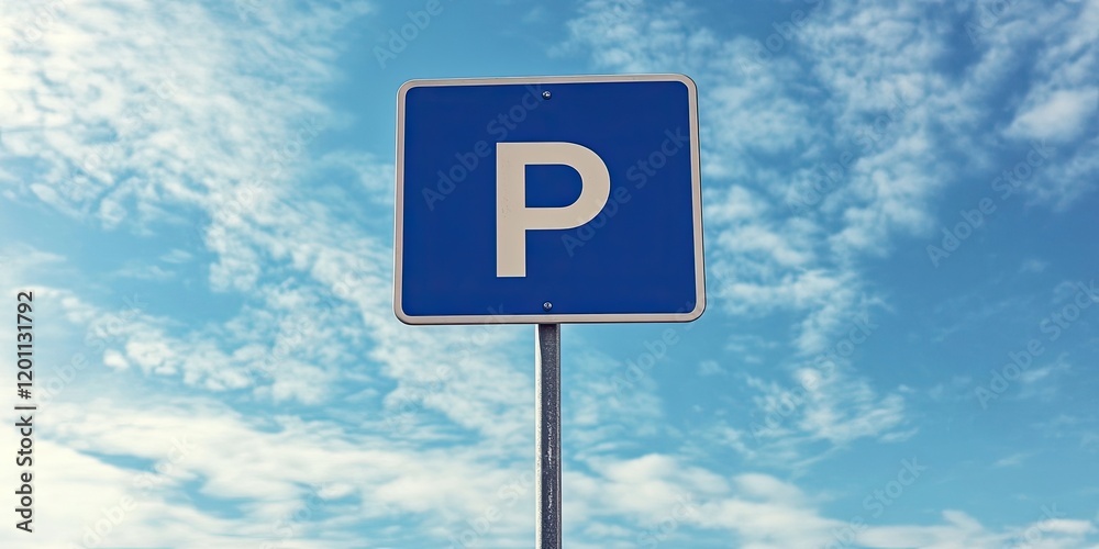 Blue rectangular parking sign with white letter P positioned centrally against a backdrop of bright blue sky and scattered white clouds Blue rectangular parking sign with white letter P positioned centrally against a backdrop of bright blue sky and scattered white clouds