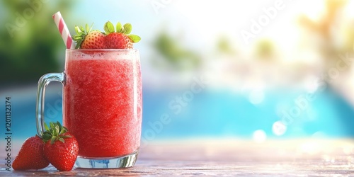 Refreshing cold strawberry smoothie in a glass mug with a pink straw placed on a wooden table beside fresh strawberries, sunny pool backdrop, vibrant colors.