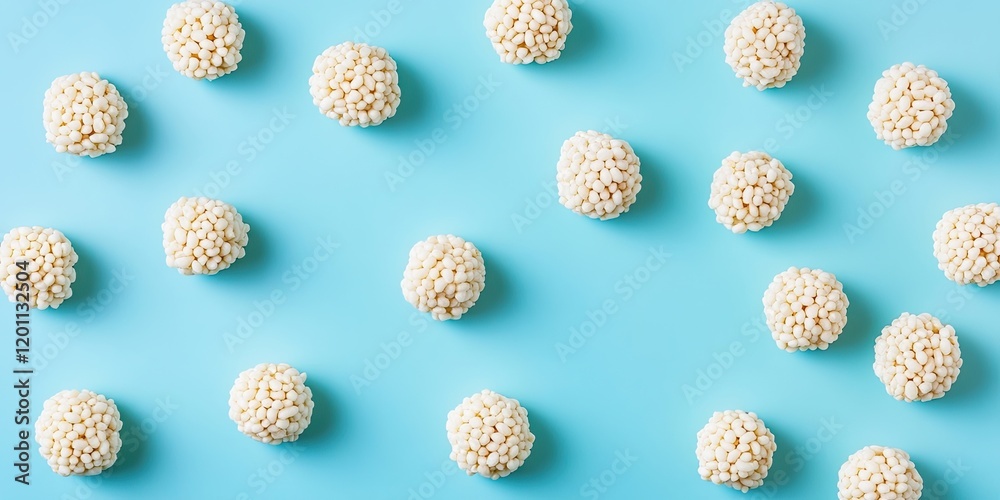 Puffed rice cakes scattered on a bright blue background with ample negative space for text creation and design flexibility Puffed rice cakes scattered on a bright blue background with ample negative space for text creation and design flexibility