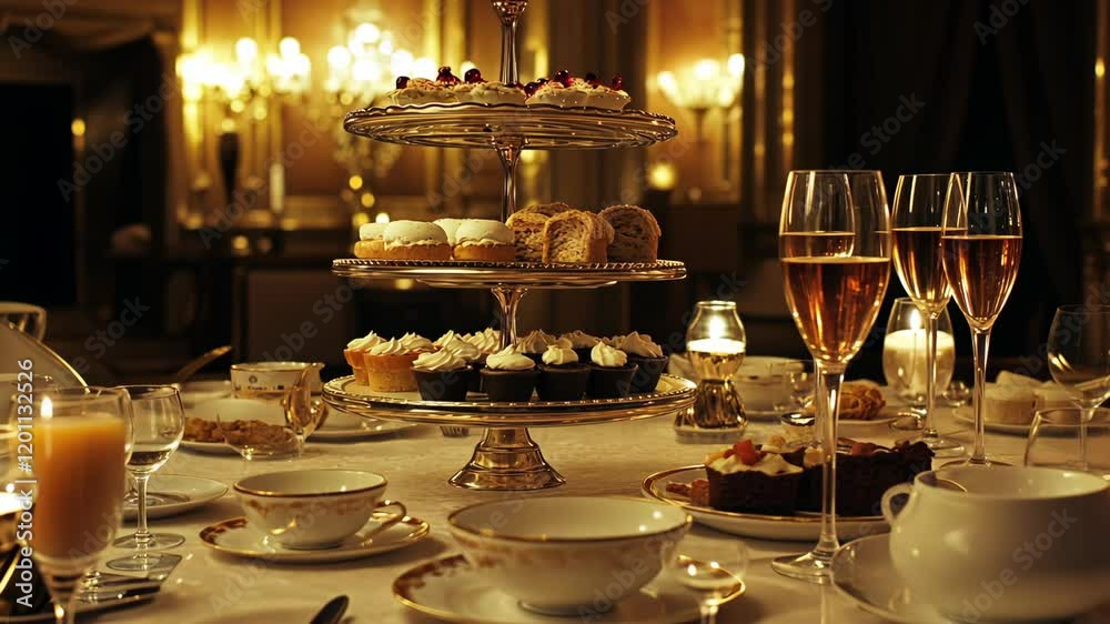 Elegant dessert table with pastries and sparkling drinks in opulent dining setting during evening event Elegant dessert table with pastries and sparkling drinks in opulent dining setting during evening event