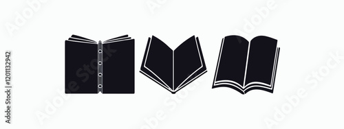 Print  silhouette Open black book side perspective drawing icons minimal back book notebook on the upside down outline laying