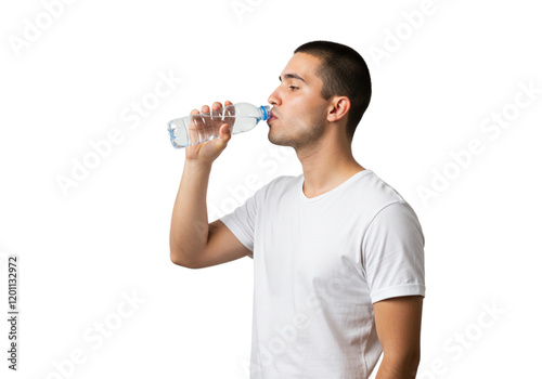 Young Man Drinking Refreshing Pure Water Bottle Thirsty Healthy Lifestyle Male Cool Clear White     