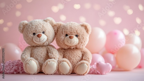 Two cute teddy bears sitting next to each other in pink background, blurried hearts andd balloons. Valentine's Day banner photo