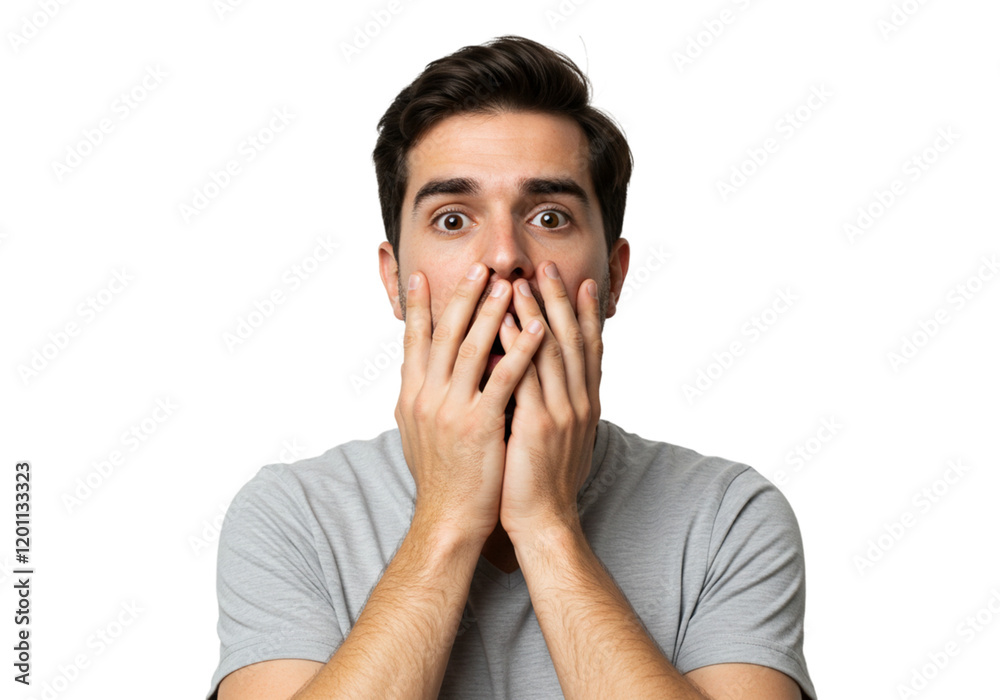 Shocked Man Covering Mouth Hands Surprise Expression Studio Portrait awe face fear male grey human Shocked Man Covering Mouth Hands Surprise Expression Studio Portrait awe face fear male grey human