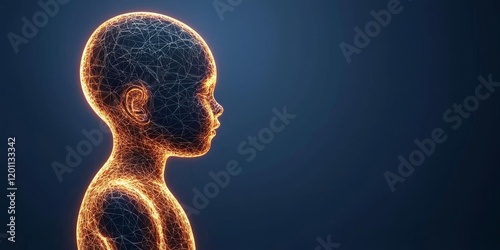 Modern 3D baby scan concept, composed of shimmering particles, set against a dark background, evoking a sense of wonder and imagination