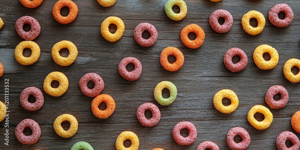 Fototapeta premium Colorful round children's cereal scattered on a rustic brown wooden table with a varied arrangement of pink, orange, green, and yellow pieces.