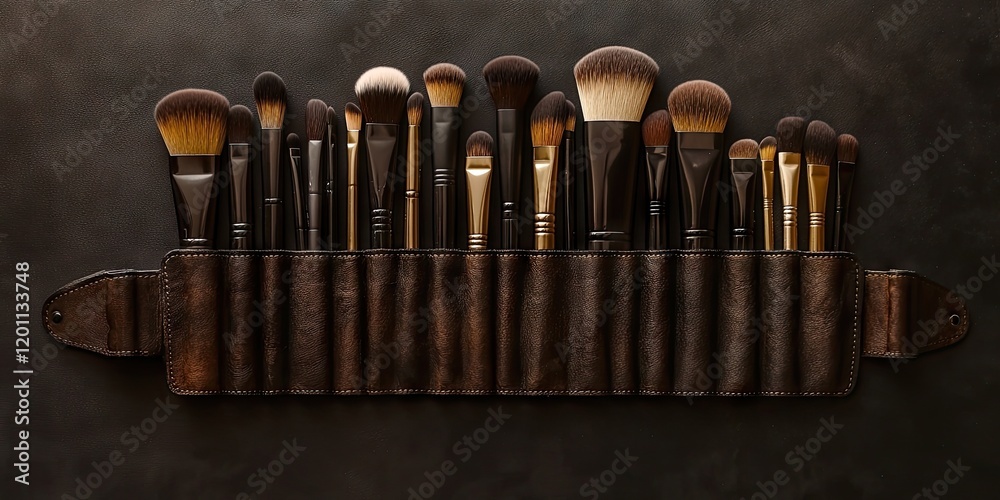 Professional makeup brushes in a leather belt on a dark textured background showcasing various shades of brown and black for a stylish appearance Professional makeup brushes in a leather belt on a dark textured background showcasing various shades of brown and black for a stylish appearance