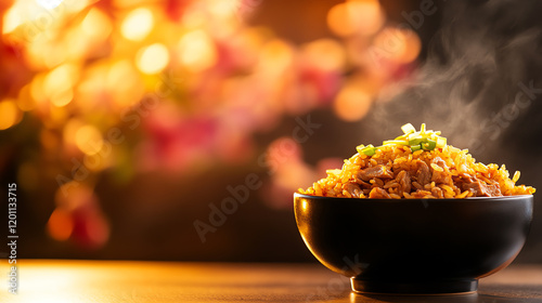 Japanese Gyudon beef rice bowl, garnished with scallions and served in a minimalist dining setup, [Asian comfort food, artisanal simplicity] photo